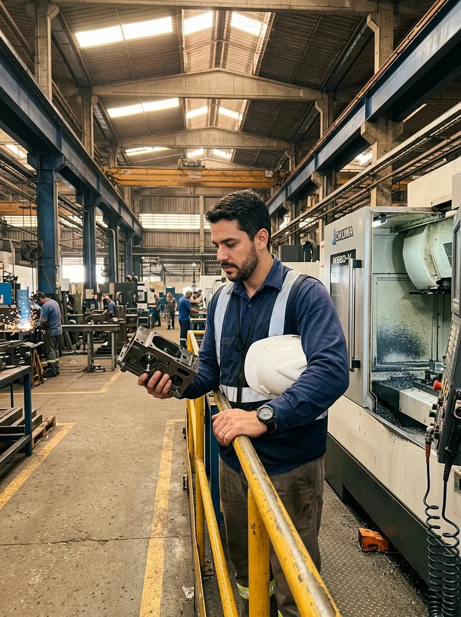 Engenheiro revisando componente na fábrica